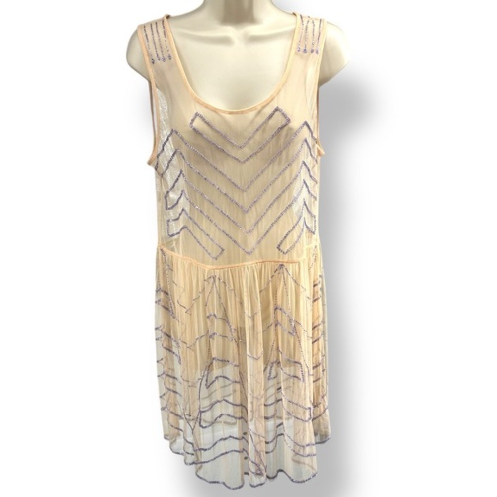 Free People Beaded Mesh Mini Dress M Peach Art Deco Gatsby Party NWT